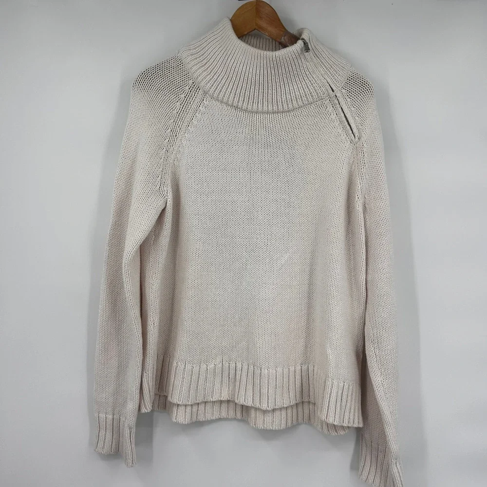 Anthropologie Lisa Todd Love Is Back Cream Heart Patch Mock‎ Neck Zip Sweater  M